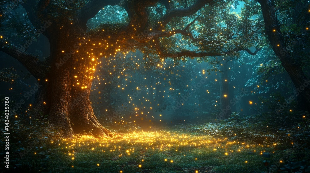 Obraz premium Enchanting nocturnal forest illuminated by fireflies.