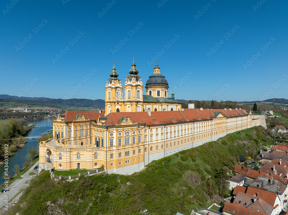 Benedictine abbey in Melk, Austria. Aerial view with copy space