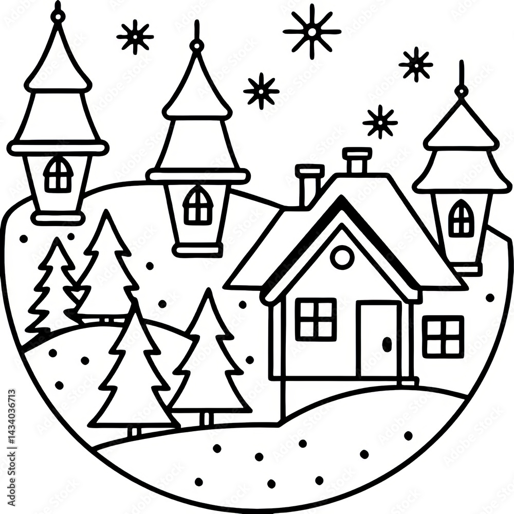 Snowy Village Scene Featuring Reindeer and Festive Winter Elements in Black and White Snowy Village Scene Featuring Reindeer and Festive Winter Elements in Black and White