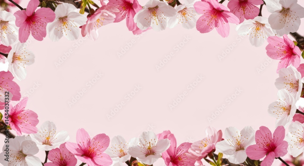 Blooming cherry blossoms arranged as a delicate frame on pink background