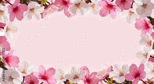 Blooming cherry blossoms arranged as a delicate frame on pink background