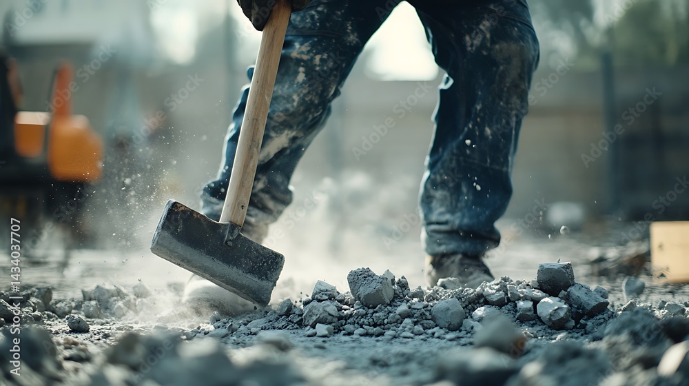 Construction Worker Using a Sledgehammer on Concrete