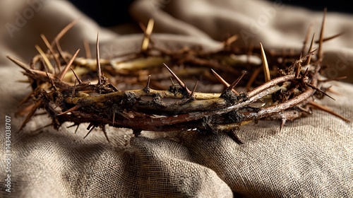 Crown of Thorns: A symbolic representation of sacrifice, pain, and redemption, set against a simple burlap backdrop. photo