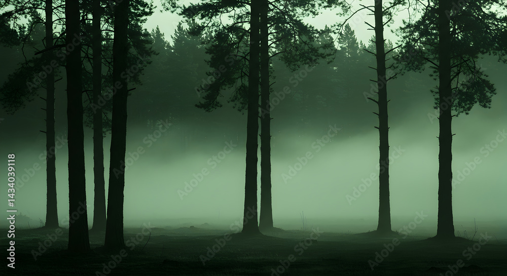 Obraz premium Ethereal Forest With Morning Mist Shrouding The Tall Pines In Dreamy Light