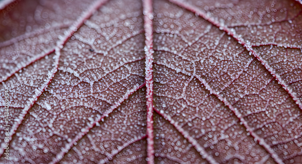 Fototapeta premium Frosty Veins: A Crimson Leaf Adorned with Winter's First Kiss