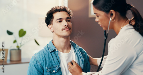 Stethoscope, listening and healthcare with doctor and patient for heart rate murmur, treatment and feedback. Advice, medical results and heartbeat with people in hospital for valve disease checkup