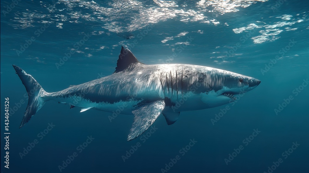 Fototapeta premium Majestic Megalodon Swimming Ocean Depths Scarred Giant Ancient Predator Marine Life Underwater World Ocean Adventure Deep Sea Exploration Mystery lowercase 