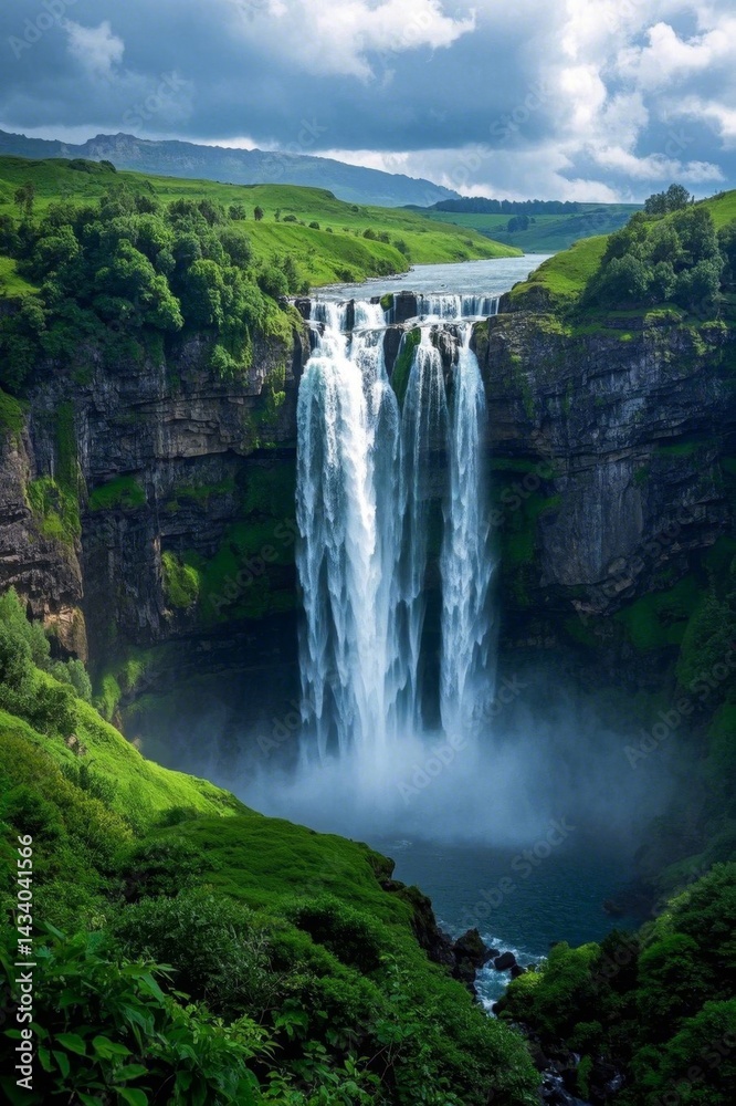 Fototapeta premium arafed waterfall in the middle of a lush green valley