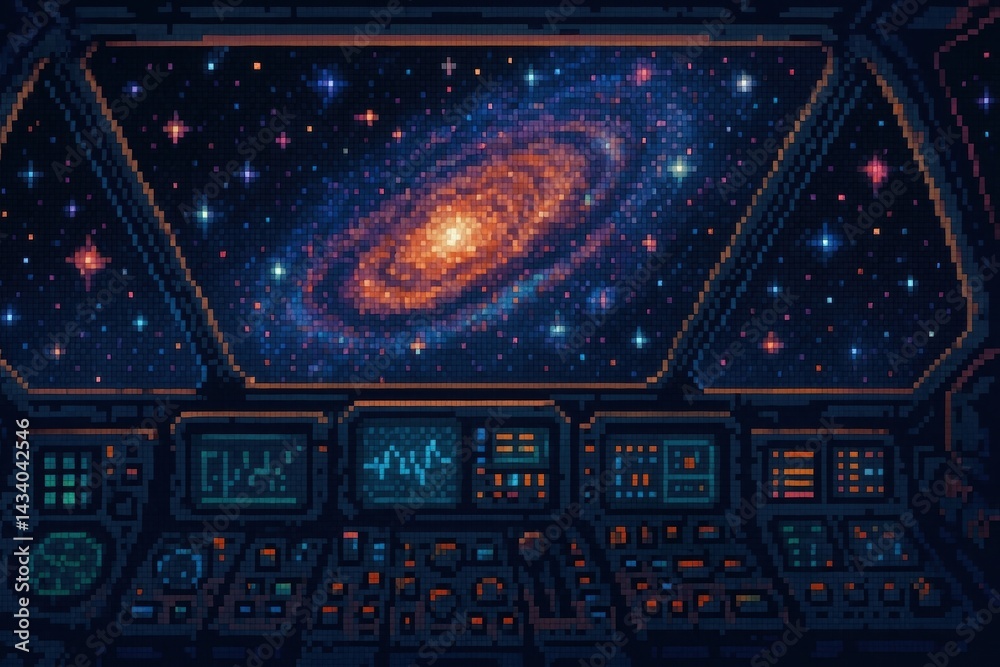 High-Fidelity Pixel Art Spaceship Cockpit with Galactic View