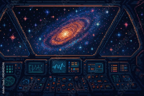 Obraz na płótnie High-Fidelity Pixel Art Spaceship Cockpit with Galactic View w salonie
