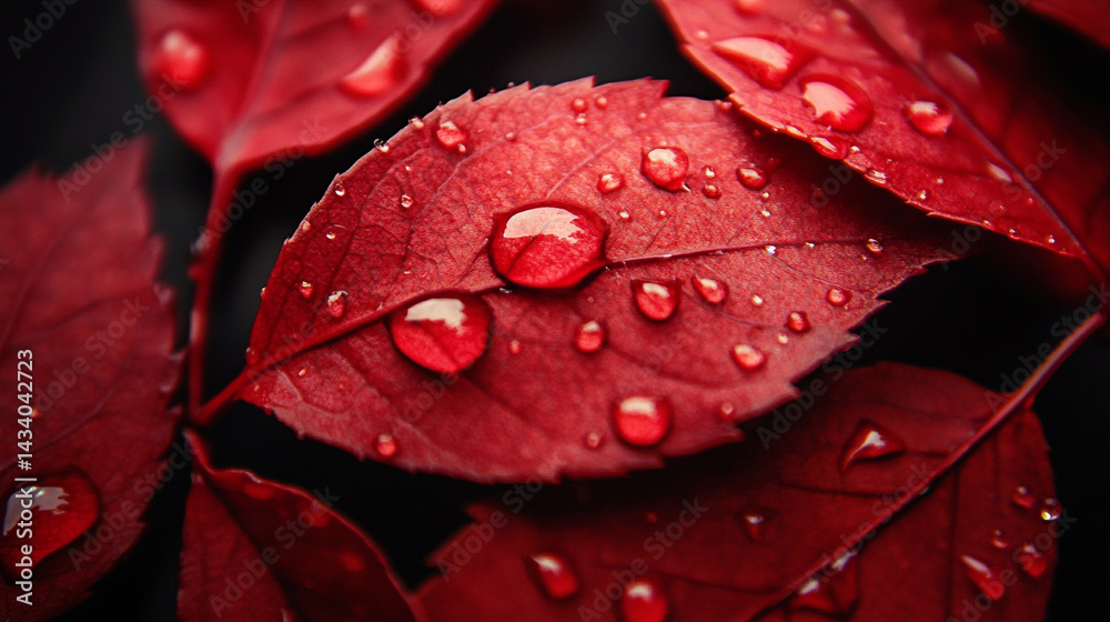 Fototapeta premium A close-up of vibrant red leaves adorned with shimmering water droplets, showcasing their texture, freshness, and natural beauty.