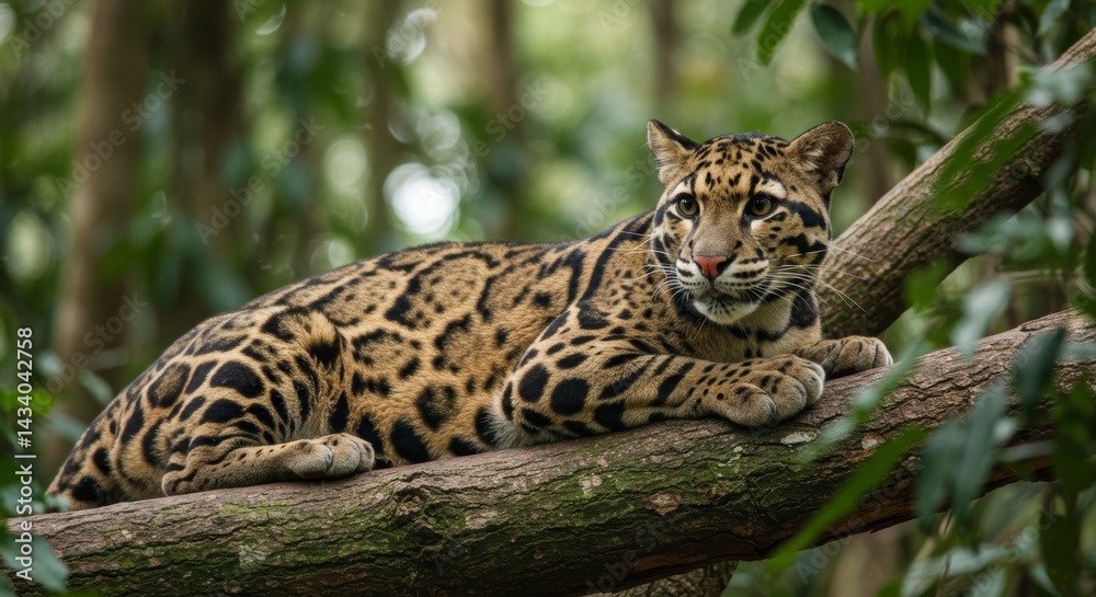 Magnificent Clouded Leopard Resting on a Tree Branch Amidst Dense Foliage Magnificent Clouded Leopard Resting on a Tree Branch Amidst Dense Foliage