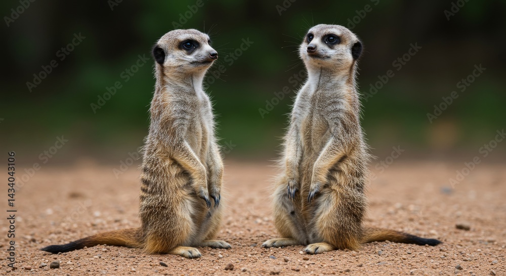 Vigilant meerkats standing tall on arid terrain, attentive and observant Vigilant meerkats standing tall on arid terrain, attentive and observant