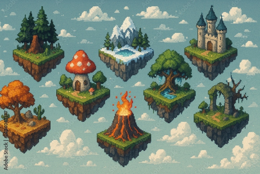 Isometric Fantasy Islands with Castles, Forests, and Volcano for Game Design and Art Projects