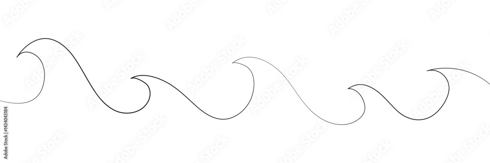 Vector isolated one line simple wave drawing. Single line wave minimal tattoo sketch. Vector illustration. EPS 10 . Vector isolated one line simple wave drawing. Single line wave minimal tattoo sketch. Vector illustration. EPS 10 .