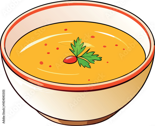 Exquisite Creamy Pumpkin Soup Vector Illustration with Rich Orange Texture, Fresh Parsley Garnish, and Subtle Red Flakes – Perfect Culinary Art for Food Blogs, Recipe Books, Gourmet Menus, and Digital