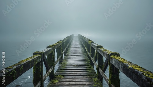 Misty horizon over weathered wooden pier