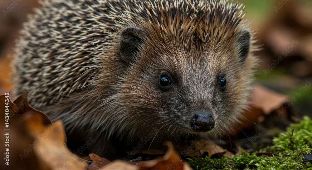 Fototapeta premium Captivating Close-up of a European Hedgehog Amidst Autumnal Woodland Scene