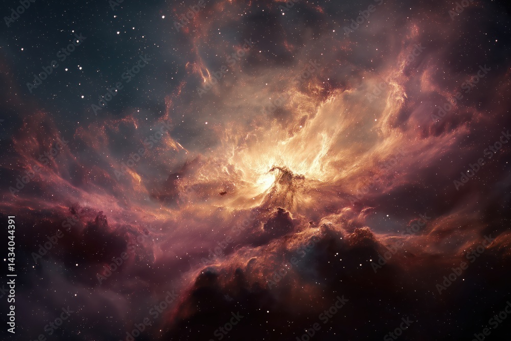 Fototapeta premium Glowing protostar ignites within swirling nebula of crimson, gold, and violet gases