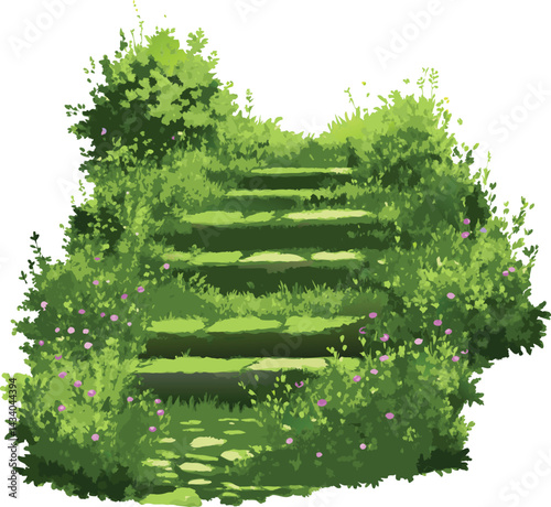 Watercolor painting of a tranquil garden path with stepping stones, wildflowers, and lush grass in a whimsical botanical landscape