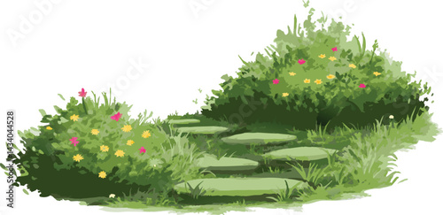 Watercolor painting of a tranquil garden path with stepping stones, wildflowers, and lush grass in a whimsical botanical landscape