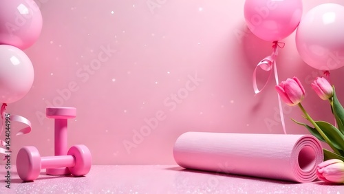Dumbbells and gymnastics mat on festive pink background with balloons