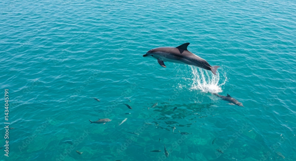 Obraz premium Energetic dolphin leaps over turquoise ocean water with splashes