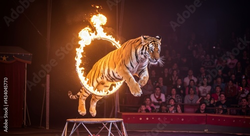Magnificent tiger executing a daring jump through a flaming hoop in circus performance