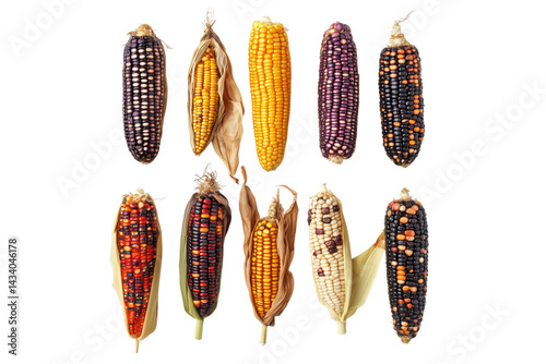 Collection set of fresh sweet corns isolated on transparent background