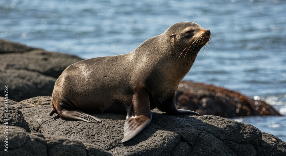 Fototapeta premium Sea Lion basking in golden sunlight on rugged coastal landscape