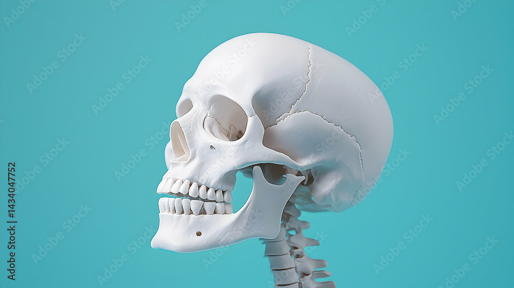Closeup Profile View of a White Human Skull and Upper Spine Against a Teal Background Closeup Profile View of a White Human Skull and Upper Spine Against a Teal Background