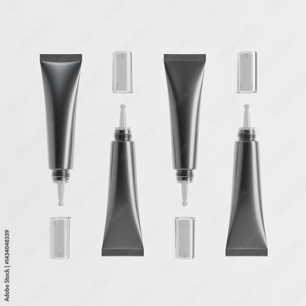 Obraz premium luxury nozzle tip tube packaging, black plastic serum dropper tubular container, eye cream product, squeeze tube with screw cap packaging mockup, plastic makeup tube with nozzle tip