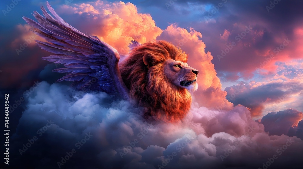 Majestic lion with wings soaring through vibrant clouds at sunset, symbolizing freedom and power Majestic lion with wings soaring through vibrant clouds at sunset, symbolizing freedom and power