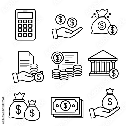 Bank, payment, money and finances stroke outline icons set isolated on white background flat vector illustration.