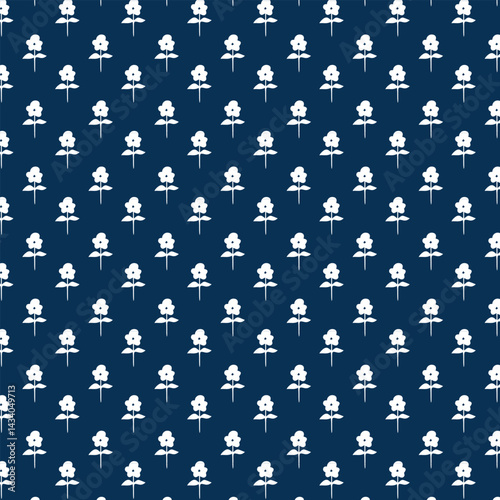 Flowers pattern doodle shapes motif continuous blue background. Modern floral fabric design textile swatch ladies dress, men's shirt all over print block.