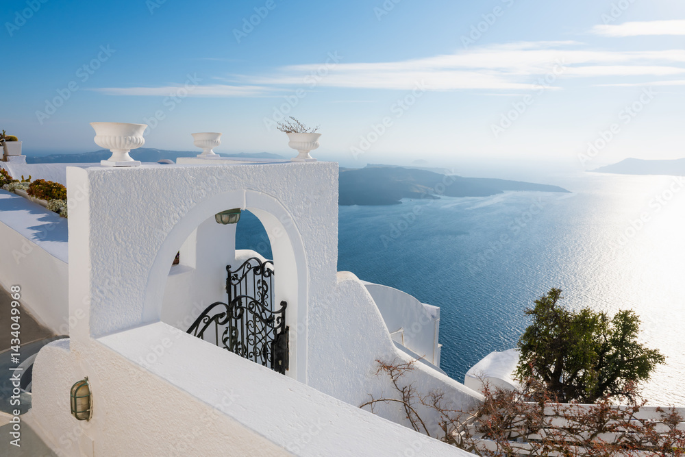 White architecture in Santorini island, Greece. Blue sea and the blue sky at sunset.