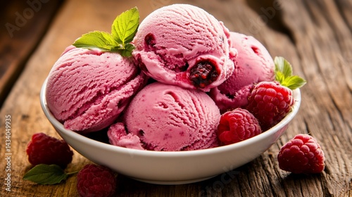 Bowl of raspberry ice cream with fresh raspberries and mint. Delicious dessert