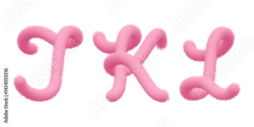 Fluffy font J, K, L bubble typescript text. Furry pompon 3d typography. Hairy vector capital script, fuzzy soft plush character. Puffy texture. Volumetric pink feather letter. Animal tail alphabet