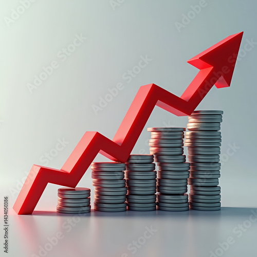 Stock market crash and panic, financial losses, economic recession concept. Red arrow over negative financial figures. Digital 3D render
