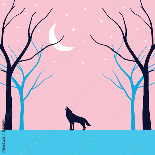 "Wolf silhouettes howling under moonlit skies with forest, mountain, and aurora backdrops, vector illustration"