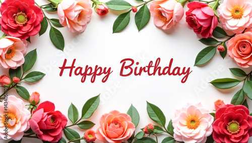 flower frame, happy birthday inscription in the center