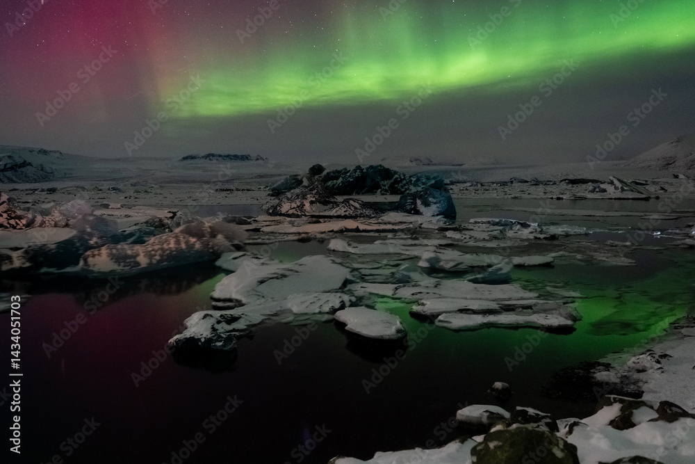 A spectacular display of the aurora borealis, the northern lights., over the Jokulsarlon Glacier lagoon, in southern Iceland