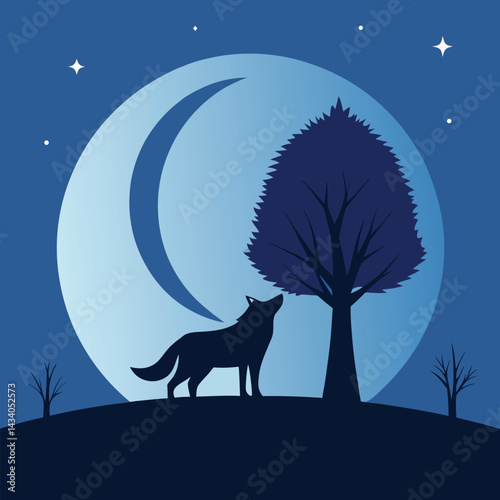 "Wolf silhouettes howling under moonlit skies with forest, mountain, and aurora backdrops, vector illustration"
