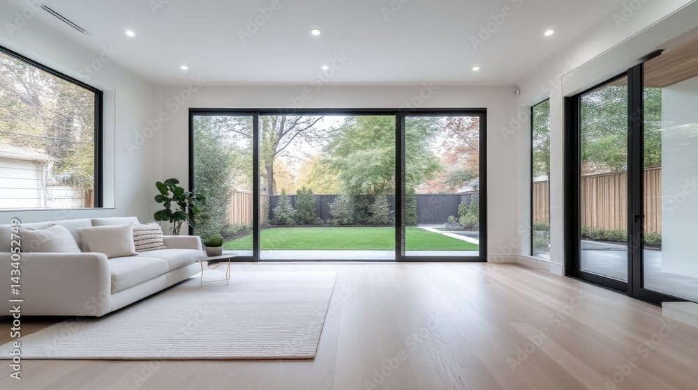 Fototapeta premium Modern, bright living area with expansive backyard views