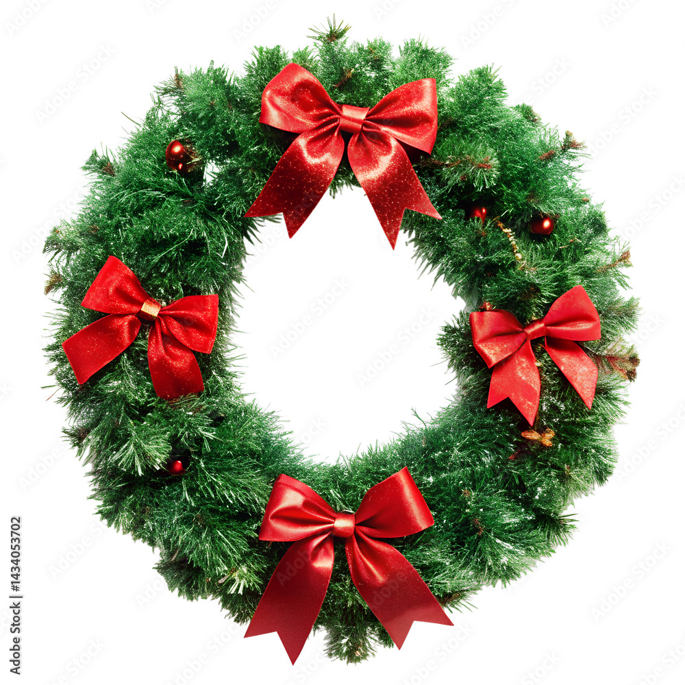 Sparkly Green Garland with Festive Red Bows on White Background Sparkly Green Garland with Festive Red Bows on White Background