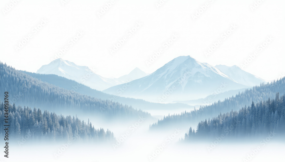 Obraz premium Mountains in the fog with sparse forests on a white background