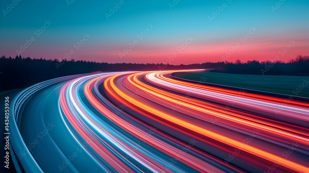 Naklejka premium Curving Highway with Colorful Light Trails at Sunset