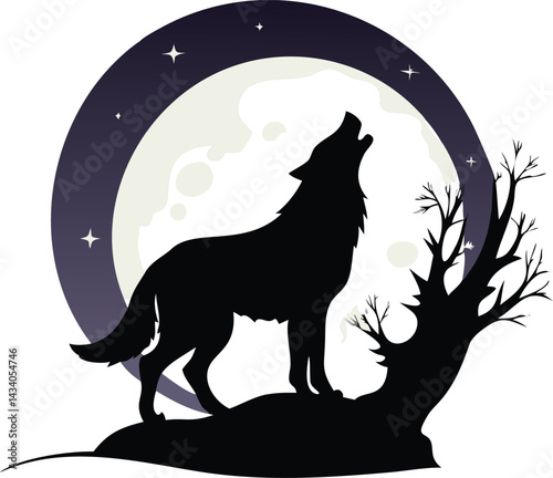"Wolf silhouettes howling under moonlit skies with forest, mountain, and aurora backdrops, vector illustration"