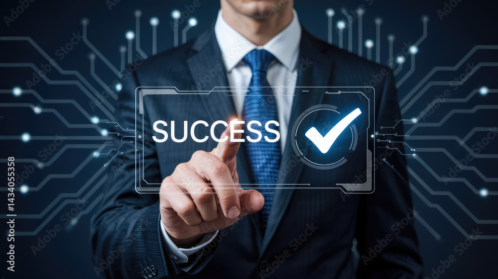 Digital Triumph: A determined individual, clad in professional attire, interacts with a futuristic digital interface, highlighting the theme of triumph and achievement. Digital Triumph: A determined individual, clad in professional attire, interacts with a futuristic digital interface, highlighting the theme of triumph and achievement.