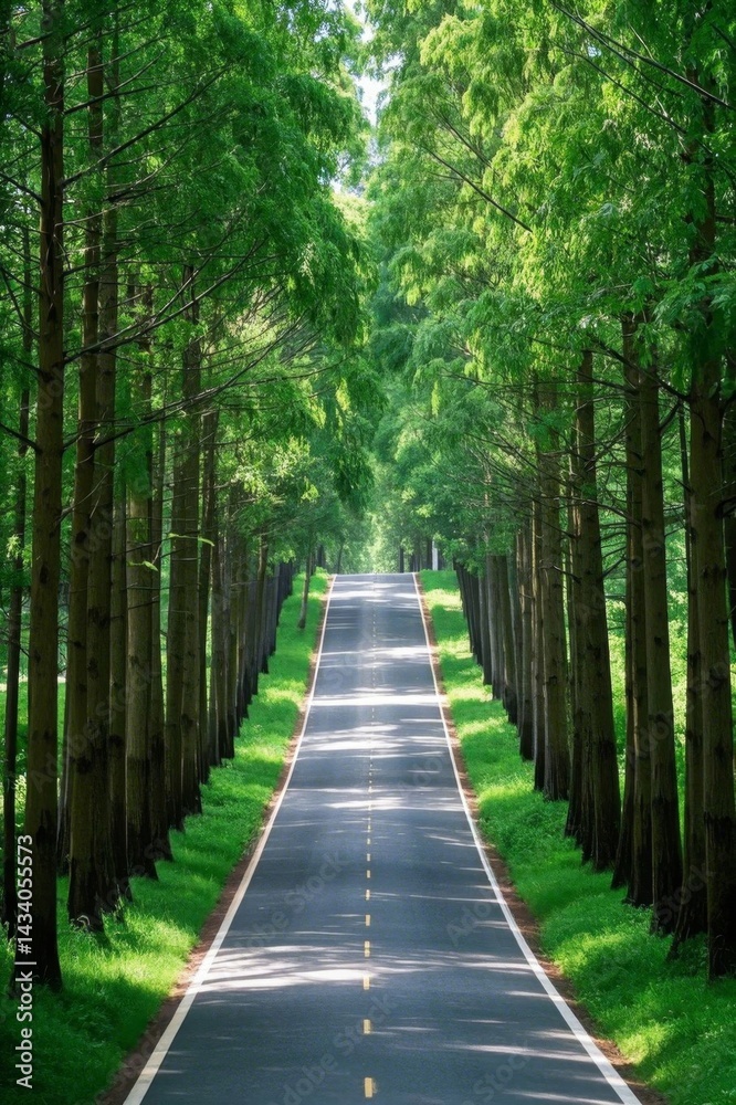 Obraz premium a view of a road lined with trees and grass next to a forest